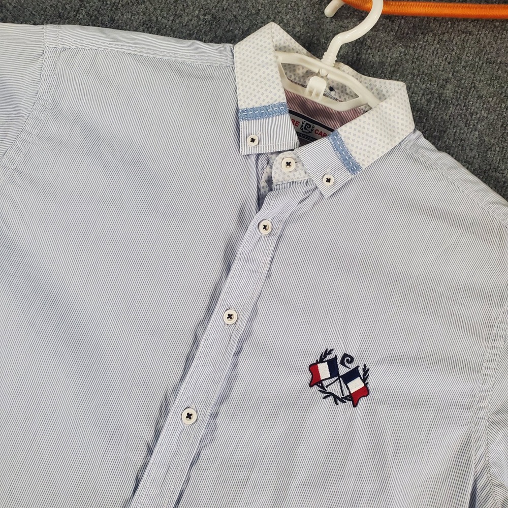 Pierre Cardin Shirt Mens L Yachting Blue White Striped Button Down Short Sleeve